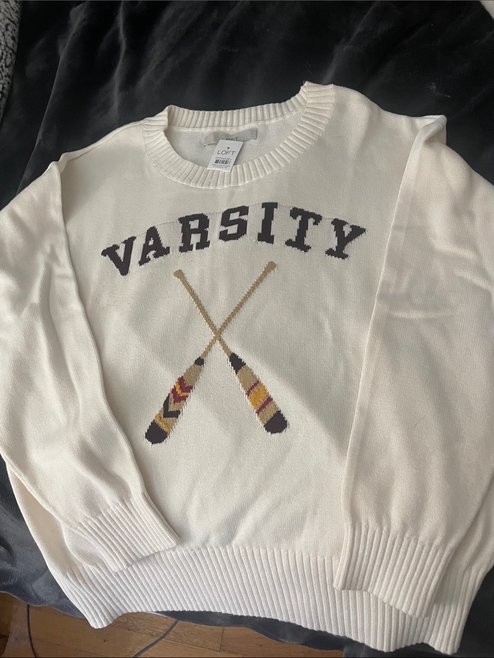LOFT Cream Varsity Graphic Crewneck Sweater with Oars